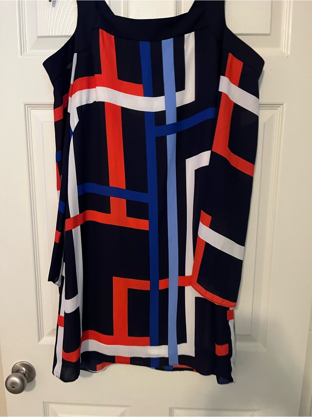 Jax Navy Geometric Stripe Cold-Shoulder Dress with Red, Royal Blue & White